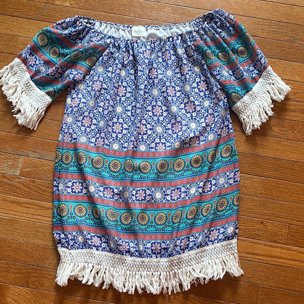 Black Bead Blue and White Patterned Blouse